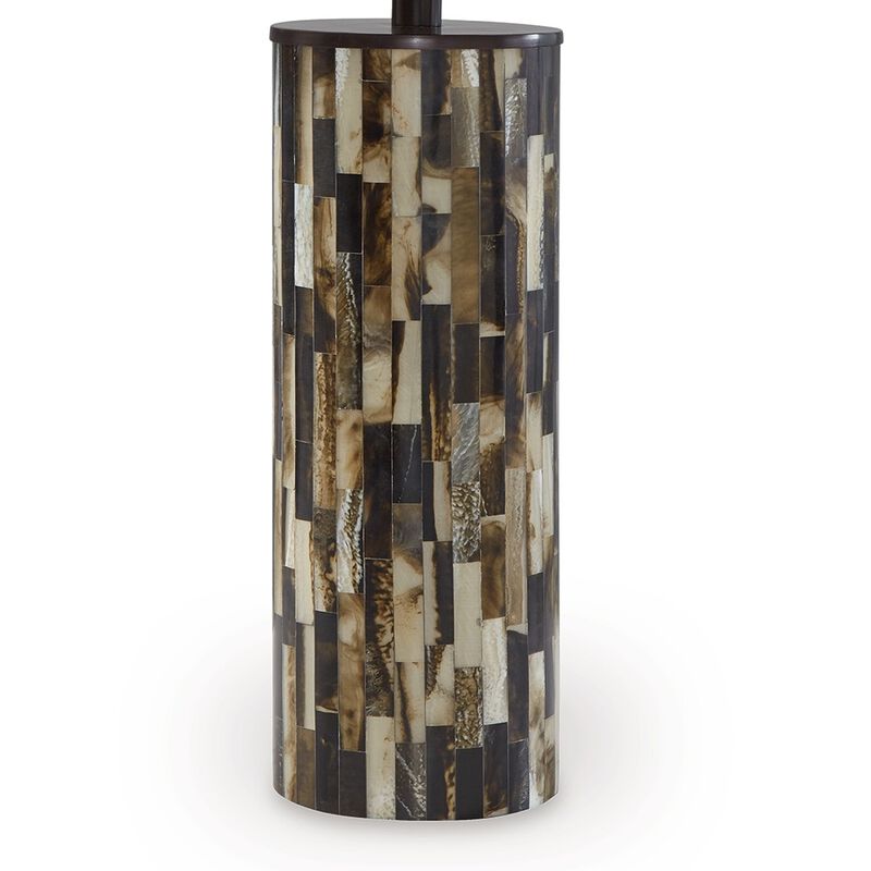 Foer 27 Inch Table Lamp, Cream Drum Fabric Shade, Black Brown Resin Base - Benzara