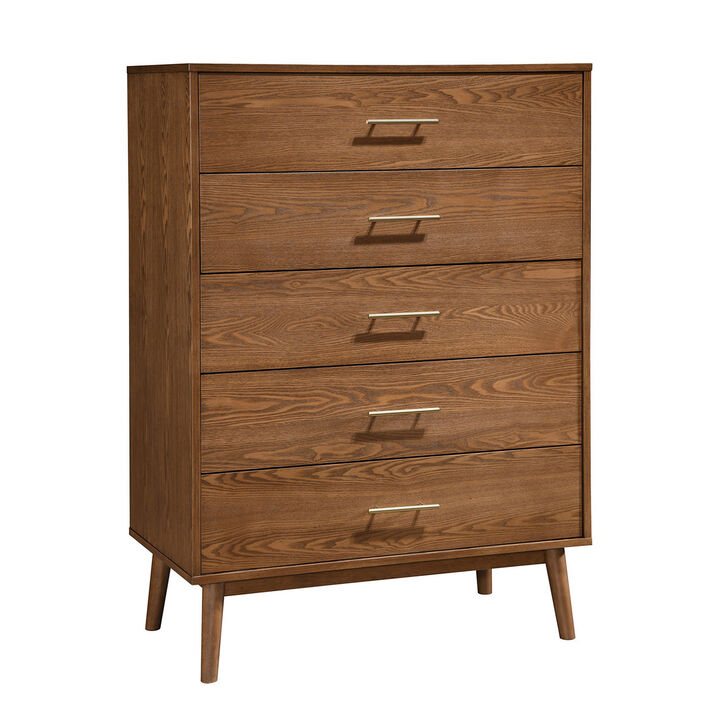 Roma Tall Dresser Chest, 5 Drawers, Nickel Handles, Walnut Brown Solid Wood