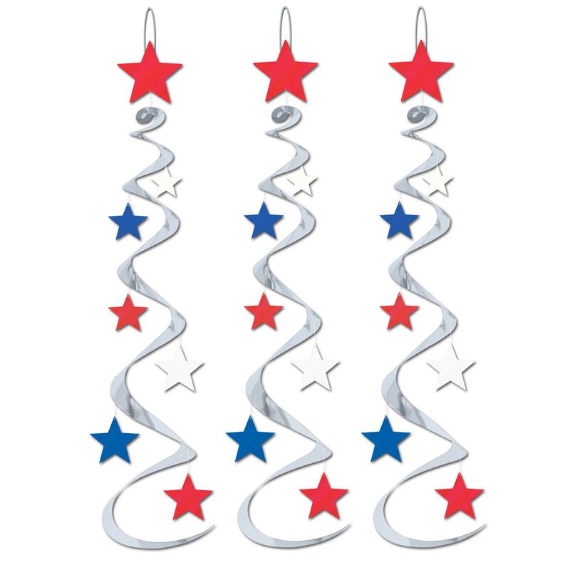 Club Pack of 18 Silver and Red Patriotic Star Hanging Whirl Decorations 30"