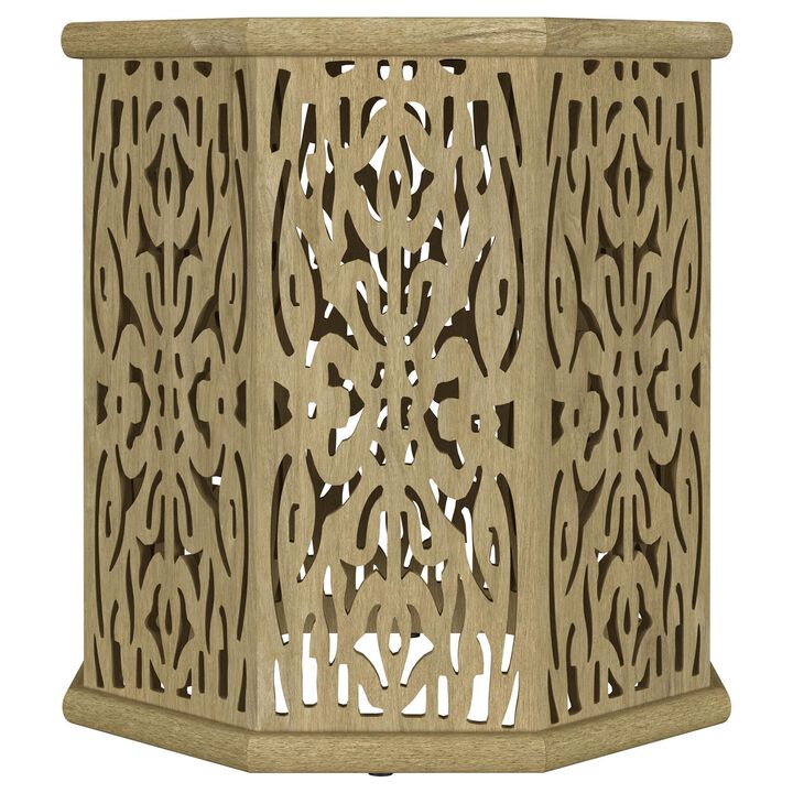 Ores Accent Side Table with Intricate Carvings, Brown Mango Wood - Benzara