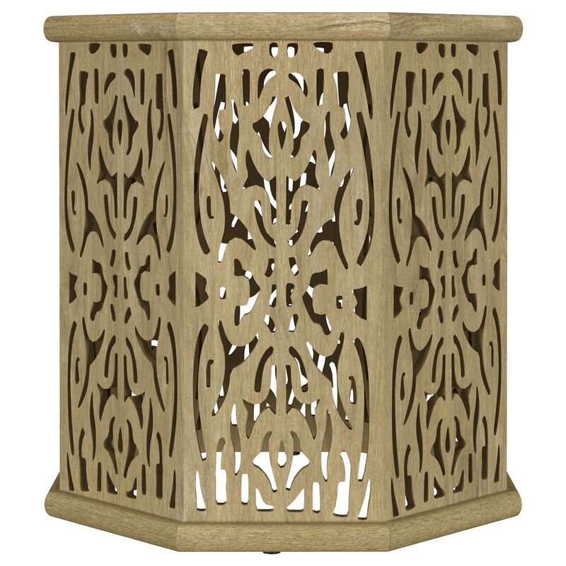 Ores Accent Side Table with Intricate Carvings, Brown Mango Wood - Benzara