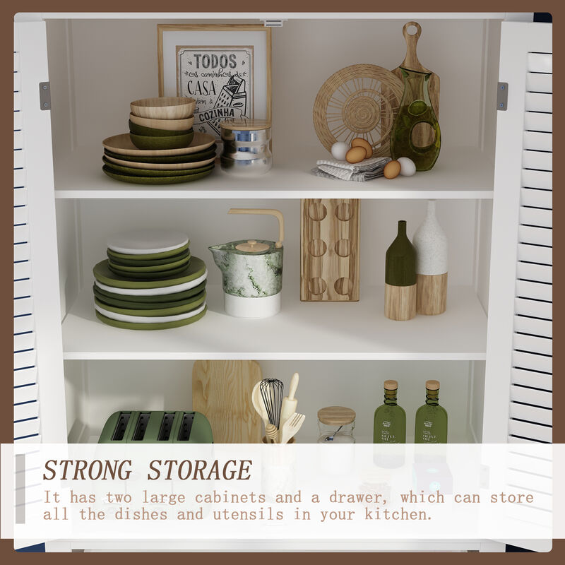 White Paint Wood Storage Cabinet With 4-Shutter Doors, Drawers and Adjustable Shelves For Office, Kitchen