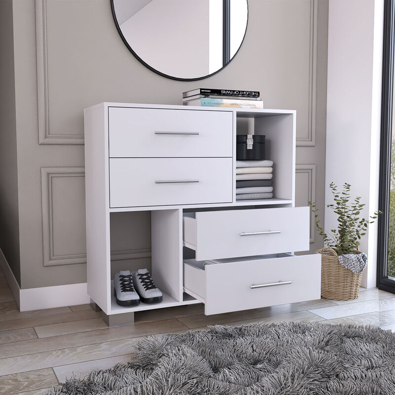 Krista Dresser, Two Open Shelves, Four Drawers - White