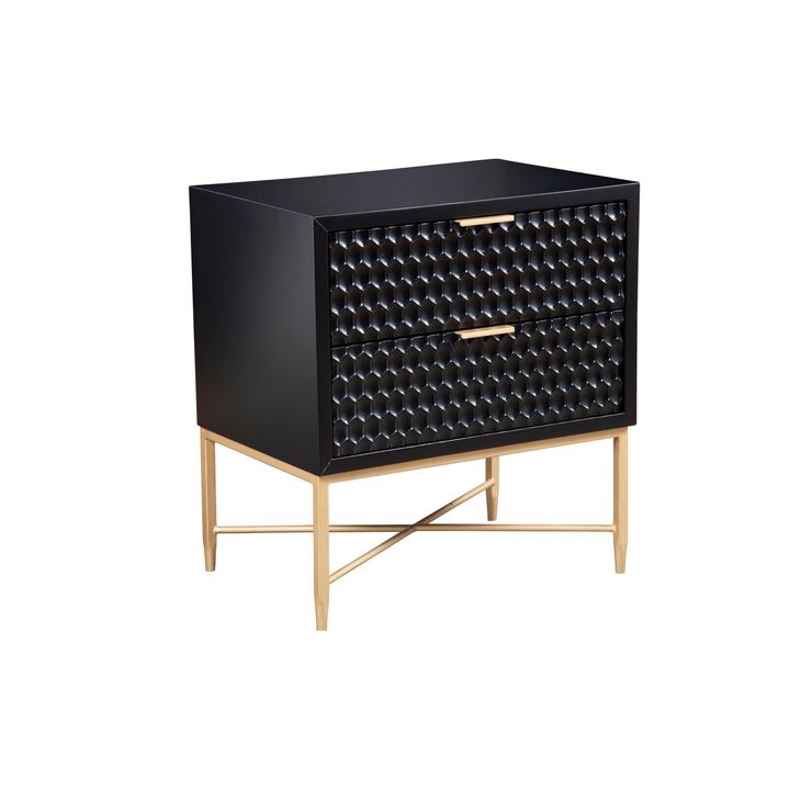 Rexi 26 Inch 2 Drawer Nightstand, Honeycomb, Mahogany Wood, Black, Gold-Benzara