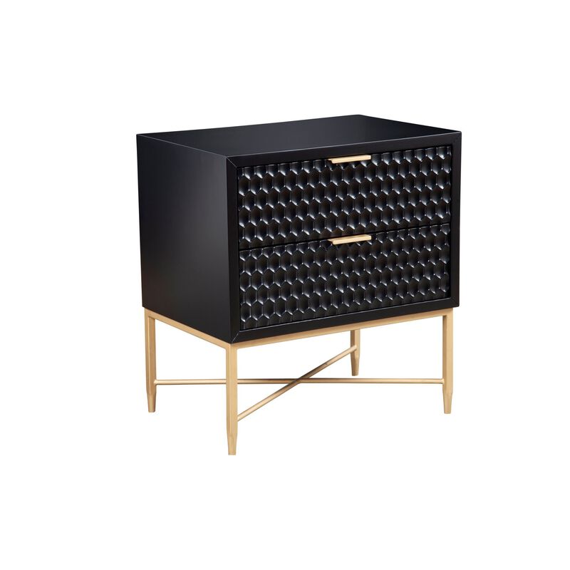 Rexi 26 Inch 2 Drawer Nightstand, Honeycomb, Mahogany Wood, Black, Gold-Benzara