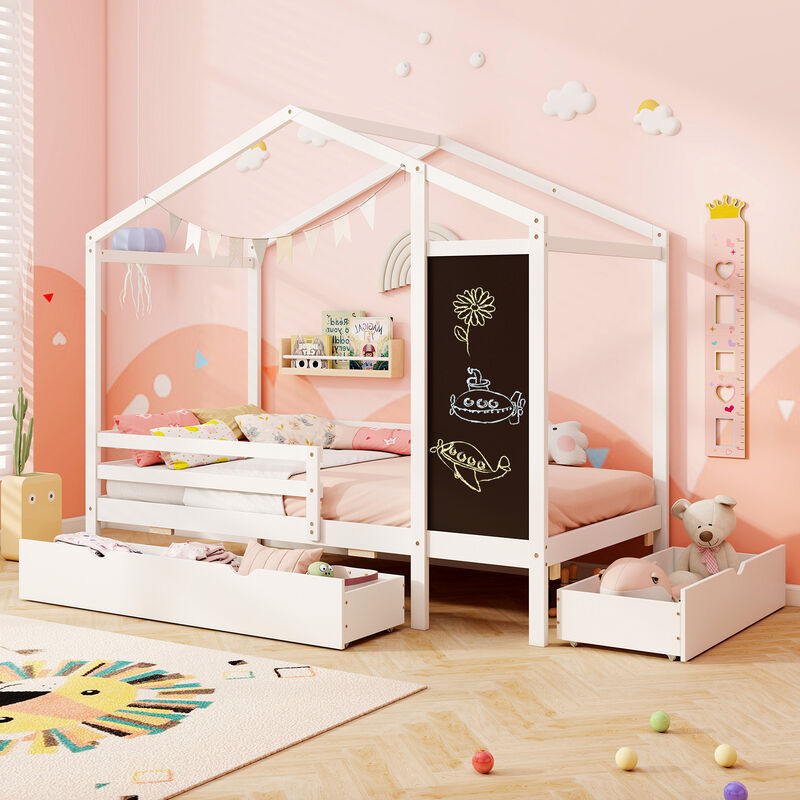 Kids Bed with 2 Drawers Solid Wood Bed with Blackboard