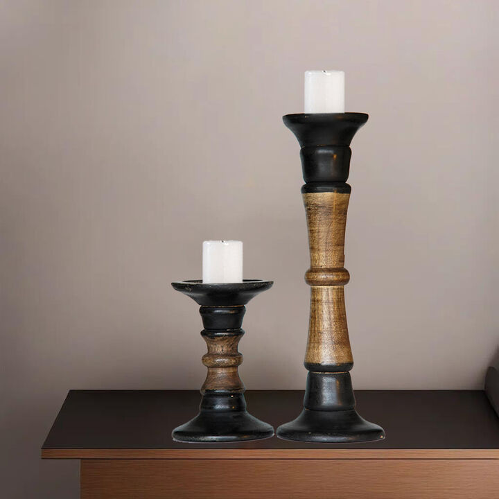 Traditional Dark Polish Eco-friendly Handmade Mango Wood Set Of Two 6" & 15" Pillar Candle Holder
