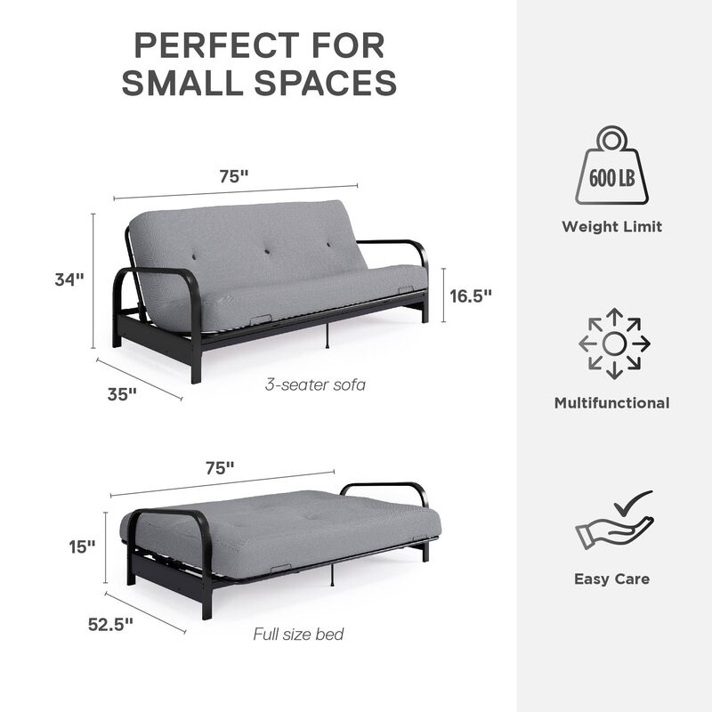 Atwater Living Max Black Metal Arm Full Size Futon Frame with 6" Thermobonded High Density Polyester Fill Herringbone Futon Mattress