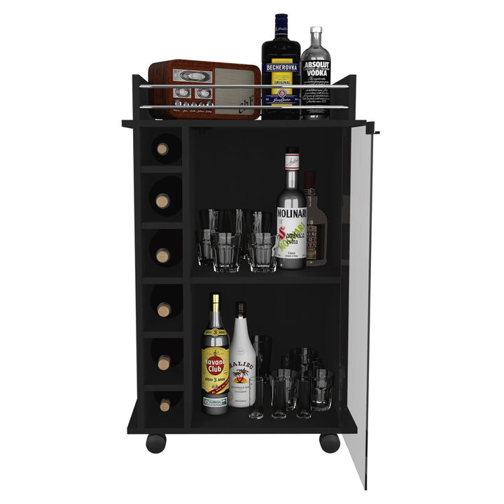 DEPOT E-SHOP Huali Bar Cart, Six Built-in Wine Rack, Glass Door, Four Casters, Two Shelves, Black