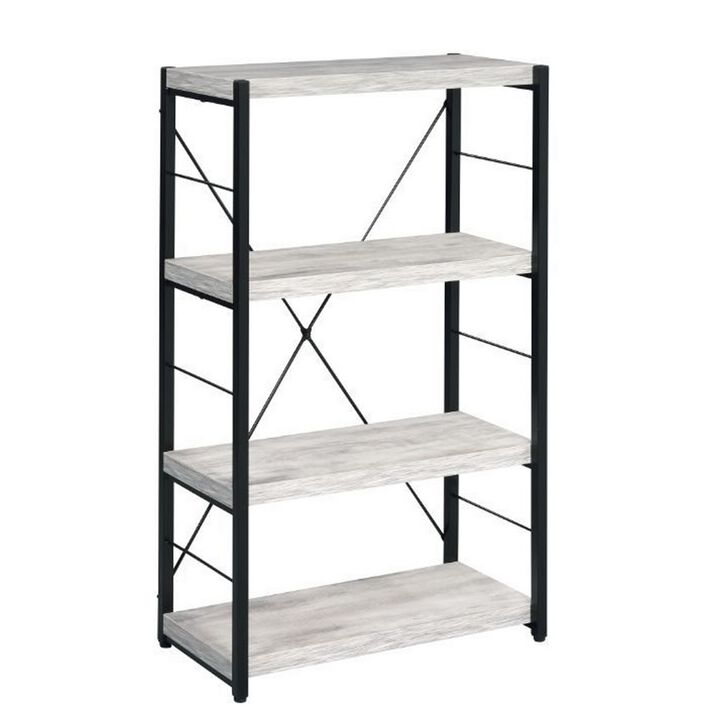 Industrial Bookshelf with 4 Shelves and Open Metal Frame, White and Black-Benzara