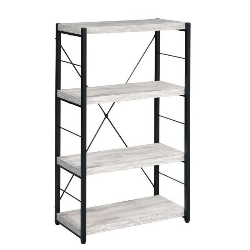 Industrial Bookshelf with 4 Shelves and Open Metal Frame, White and Black-Benzara