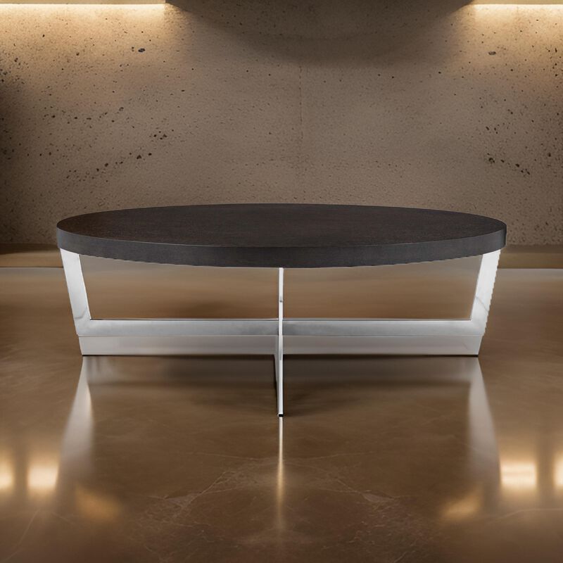 Tini 55 Inch Coffee Table, Oval Top, Chrome Frame, Espresso Brown Finish - Benzara