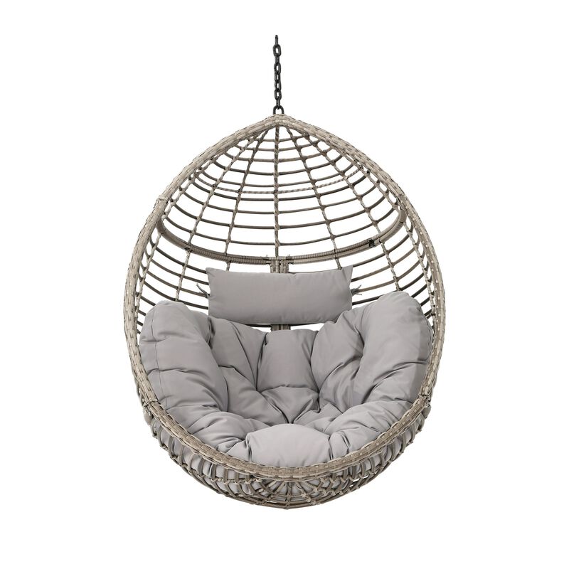 Jaya Outdoor Hanging Chair, Basket Shape, Gray Rattan, Steel, 47 Inch - Benzara