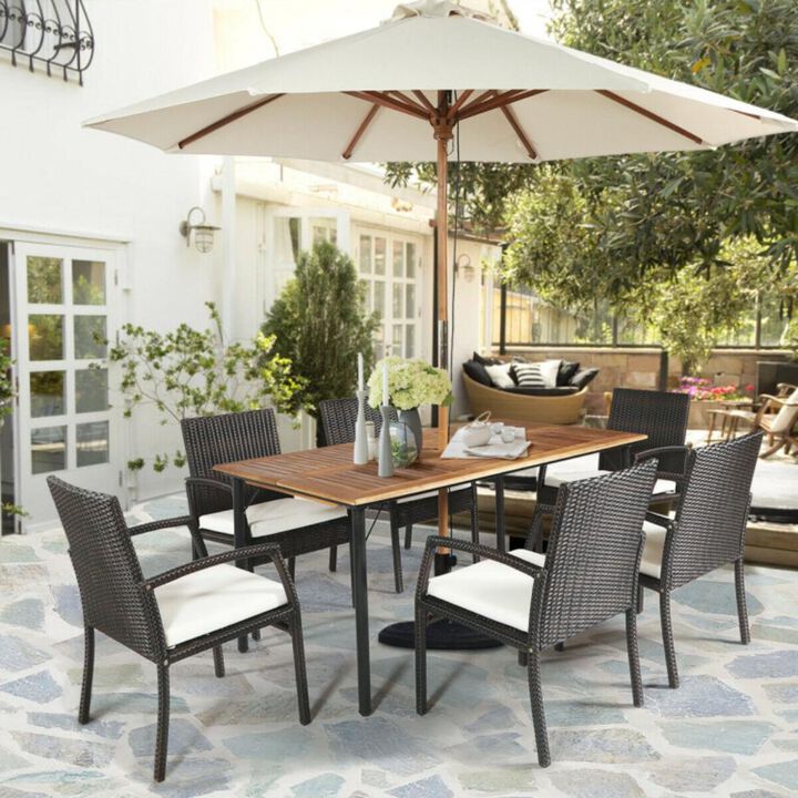 Hivvago 7 Pieces Patio Rattan Cushioned Dining Set with Umbrella Hole
