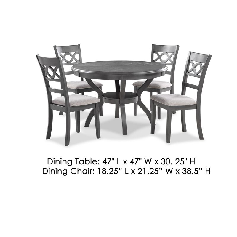 Ceri 5 Piece Round Dining Table and Chair Set, Gray Wood, White Fabric - Benzara
