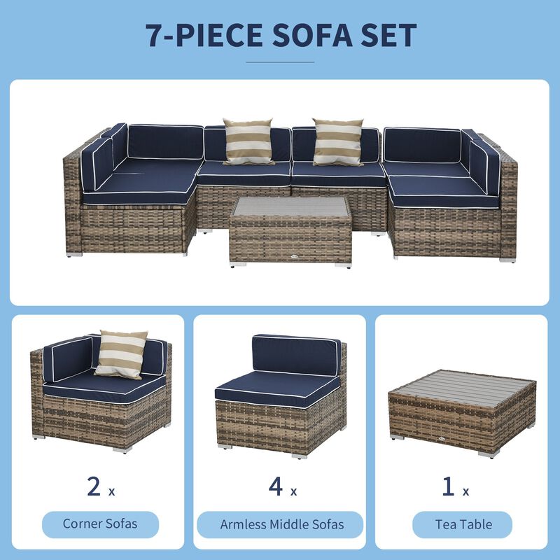 Blue Patio Ensemble: 7-Piece PE Rattan Wicker Sofa Set with Wood Table