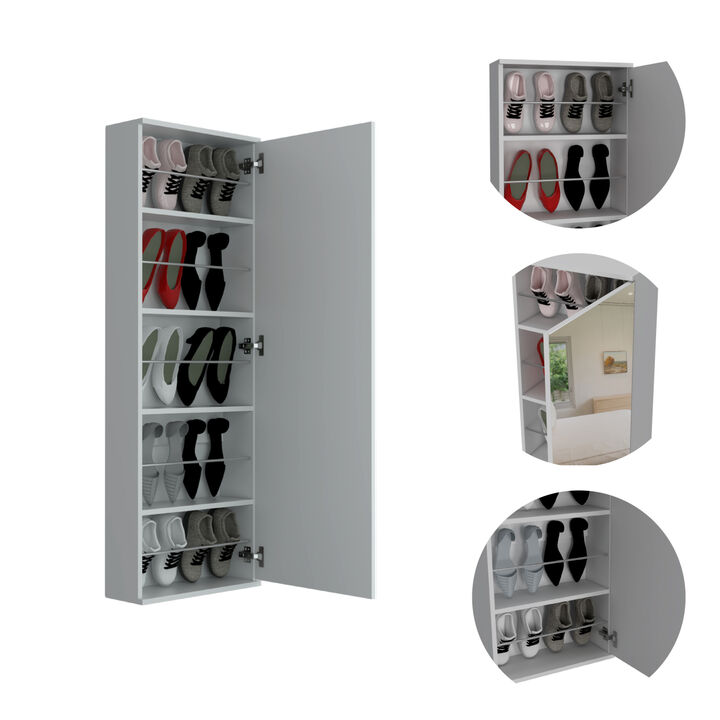 Leto Wall Mounted Shoe Rack With Mirror, Single Door, Capacity For Ten Shoes - White