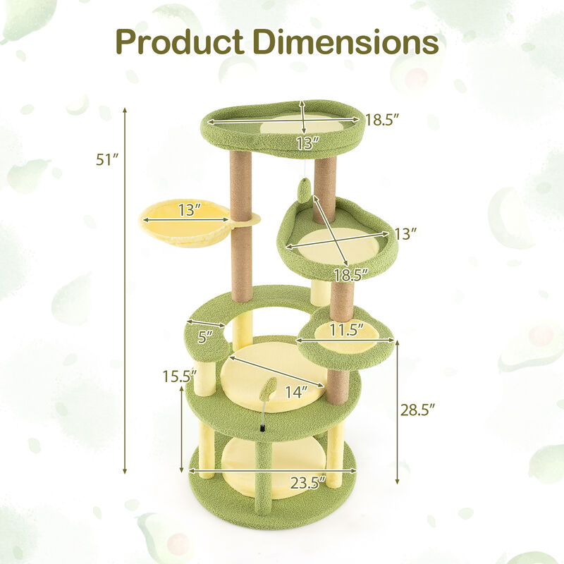 Multi-level Cat Tree Avocado Theme Cat Tower with Wide Perch Rotatable Basket