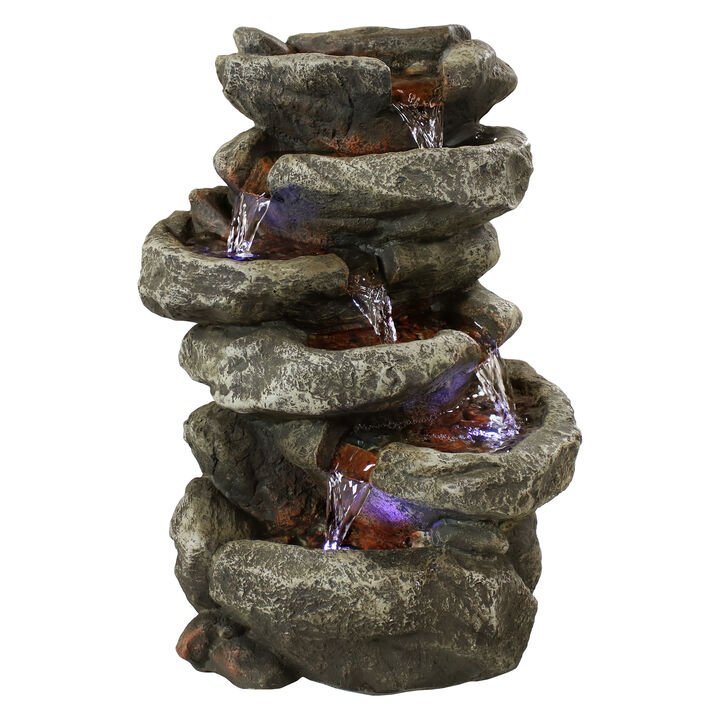 Sunnydaze Stone Falls Polyresin 6-Tier Indoor Fountain with LED - 15 in