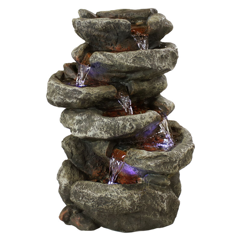 Sunnydaze Stone Falls Polyresin 6-Tier Indoor Fountain with LED - 15 in