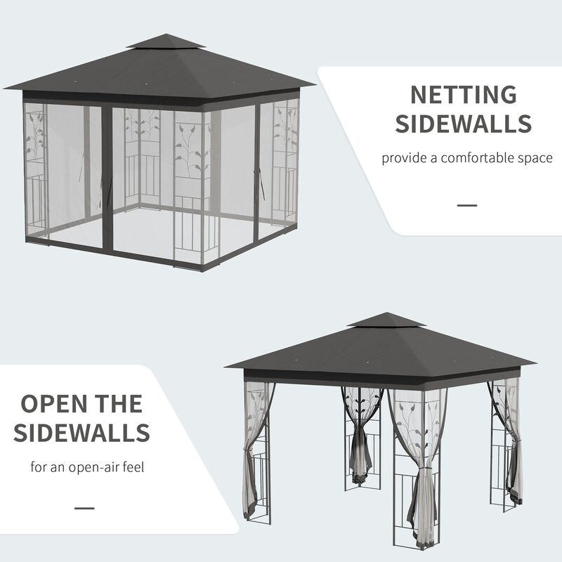 Grey Backyard Haven: 10x10 Gazebo with 2-Tier Roof and Curtains