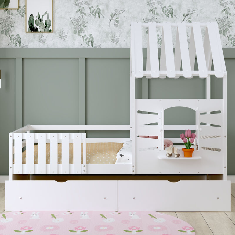 Merax House Platform Bed with 2 Drawers and Guardrails