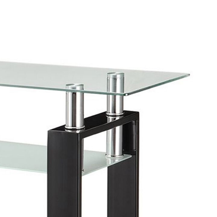 48 Inch Modern Sofa Console Table, Frosted Glass Shelf, Chrome, Black-Benzara