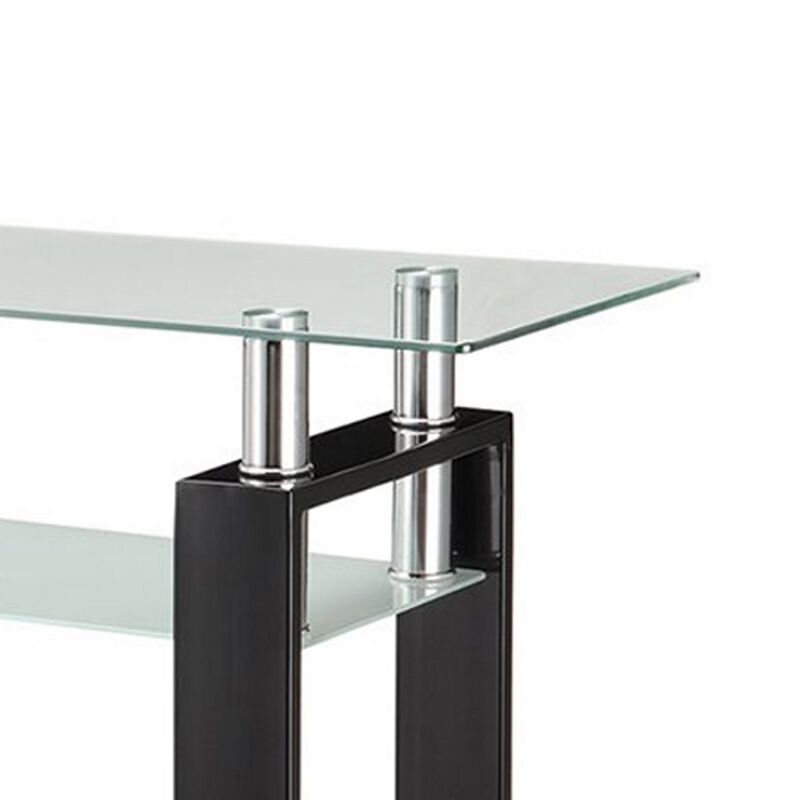 48 Inch Modern Sofa Console Table, Frosted Glass Shelf, Chrome, Black-Benzara