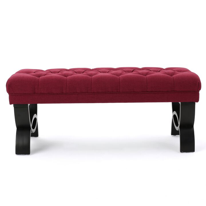 Riam Ottoman Bench, 41 Inch, Button Tufted, Rounded Wood Legs, Red - Benzara
