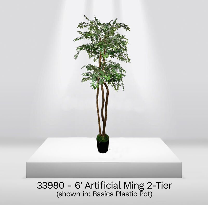 Handmade 6' Artificial Ming 2-Tier Tree In Home Basics Plastic Pot Made with Real Wood and Moss Accents