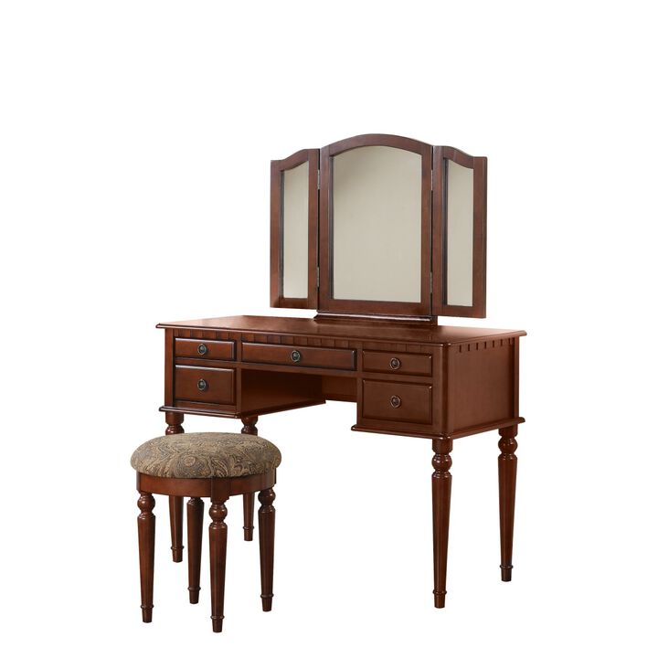 Bedroom Contemporary Vanity Set W Foldable Mirror Stool Drawers Cherry Color