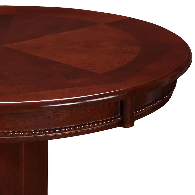 Ava 42 Inch Wood Pub Bar Table, Sunburst Design, Carved Pedestal, Dark Brown-Benzara