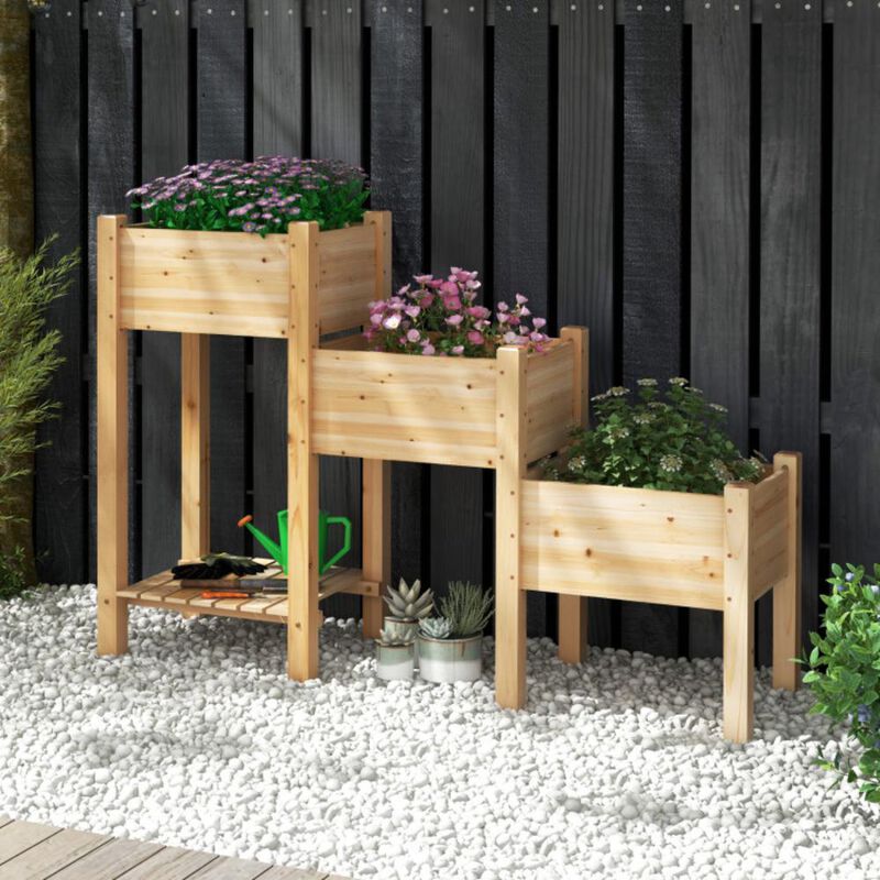 Hivvago 3-Tier Wooden Raised Garden Bed with Open Storage Shelf