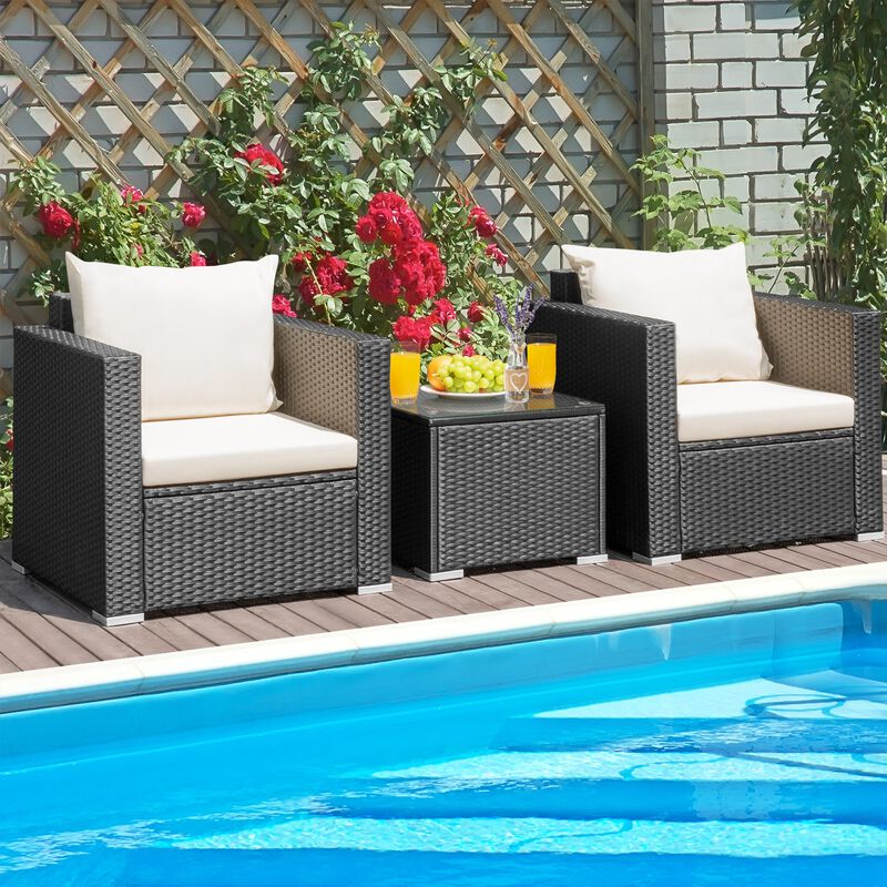 3 Pieces Patio Wicker Conversation Set with Cushion
