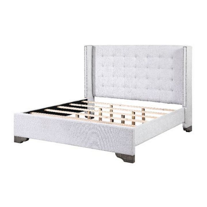 Eastern King Bed with Fabric Upholstery and Tufting, Beige - Benzara