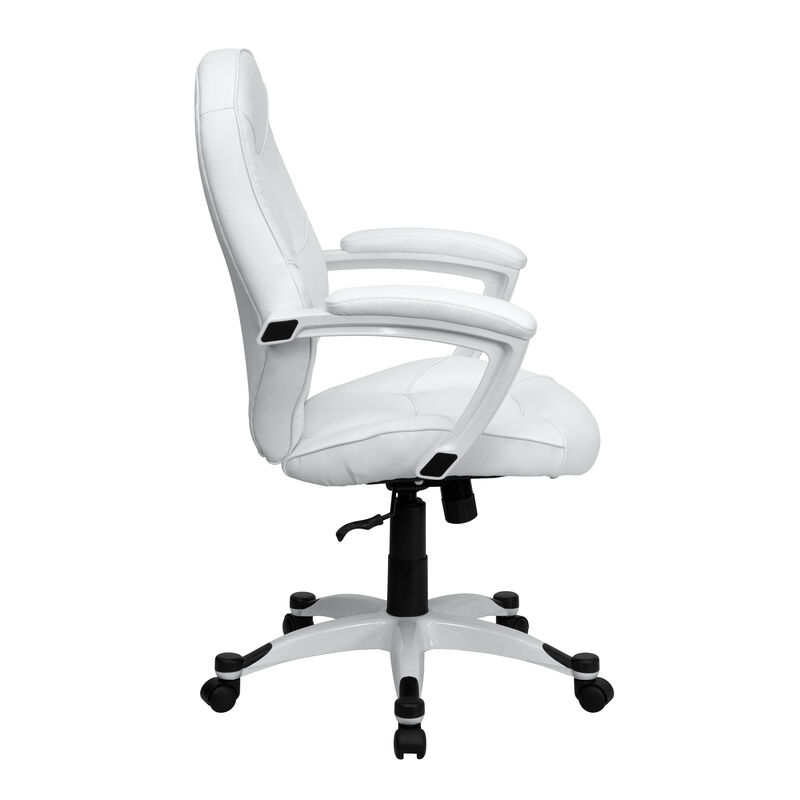 Quincey Mid-Back White LeatherSoft Tapered Back Executive Swivel Office Chair with White Base and Arms
