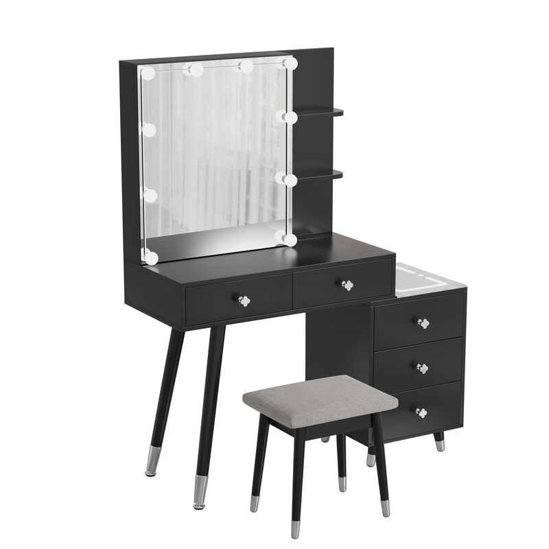 Vanity Mirror Cabinet with LED Lights, 5 Drawers & Storage Shelves