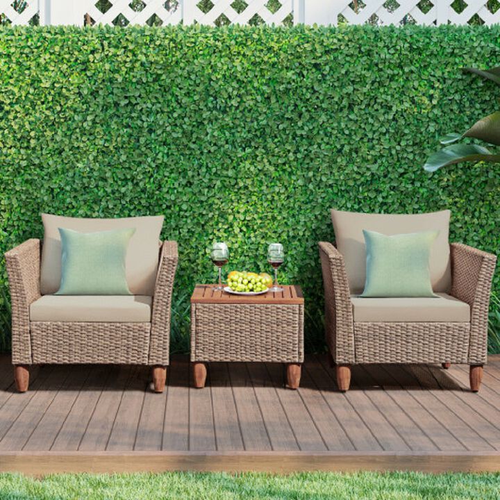 3 Pieces Patio Rattan Furniture Set with Washable Cushion for Yard Porch-Beige