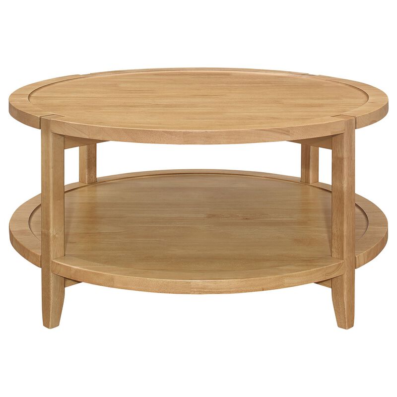 Camilia Coffee Table, 1 Shelf, Round Maple Brown Solid Wood, 36 Inch  - Benzara