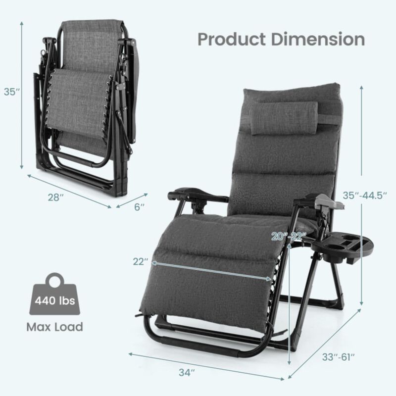 Hivvago Adjustable Metal Zero Gravity Lounge Chair with Removable Cushion and Cup Holder Tray