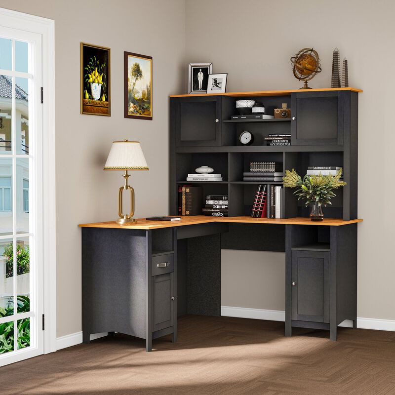 Black L-Shaped Desk: Corner Computer Table with Ample Storage
