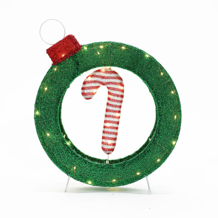 LuxenHome 1.9Ft Tall Ornament and Candy Cane Wreath Outdoor Holiday Decoration with Lights