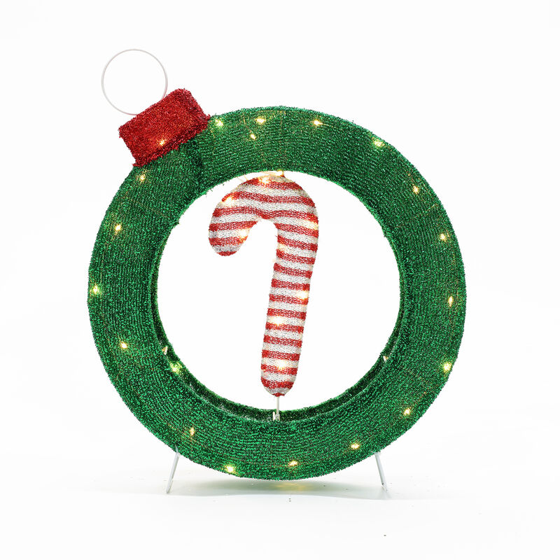 LuxenHome 1.9Ft Tall Ornament and Candy Cane Wreath Outdoor Holiday Decoration with Lights