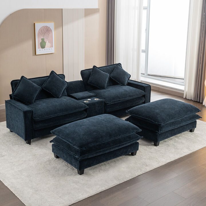112.6" Sectional Sofa Chenille Upholstered Sofa with Two Removable Ottoman, Two USB Ports, Two Cup Holders and Large Storage Box for Living Room, Beige
