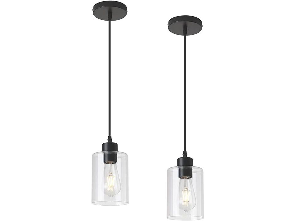 KLSS Modern Black Farmhouse Clear Glass Cylinder Pendant Light Fixture 2 Pack