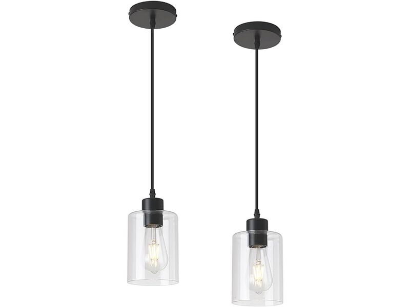 KLSS Modern Black Farmhouse Clear Glass Cylinder Pendant Light Fixture 2 Pack