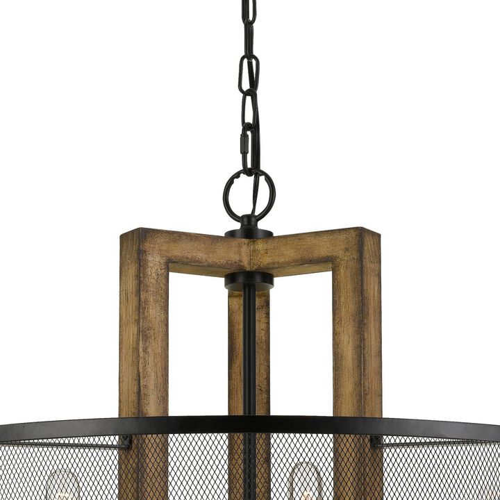 60 X 6 Wooden Chandelier with Round Metal Mesh Shade, Black and Brown-Benzara