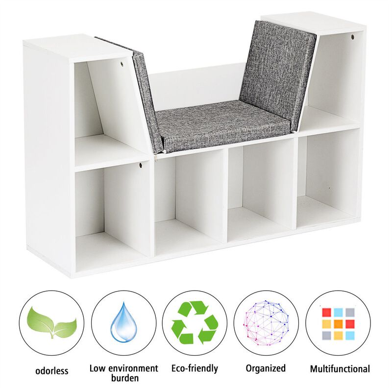 6-Cubby Kid Storage Bookcase Cushioned Reading Nook