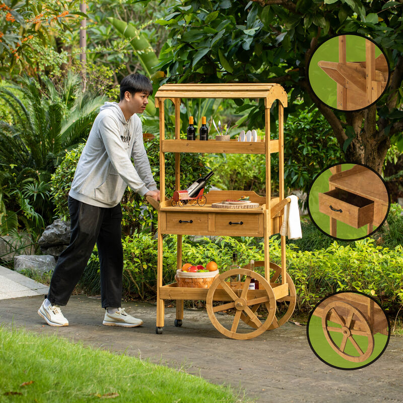 Large Wooden Display Rolling Table with Drawers and Wheels 3 Tier with Shelves for Food and More