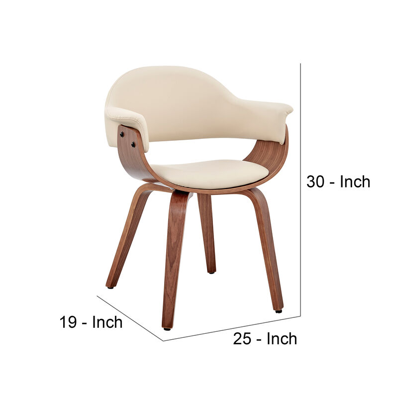 Leatherette Dining Chair with Curved Seat, Cream and Brown - Benzara